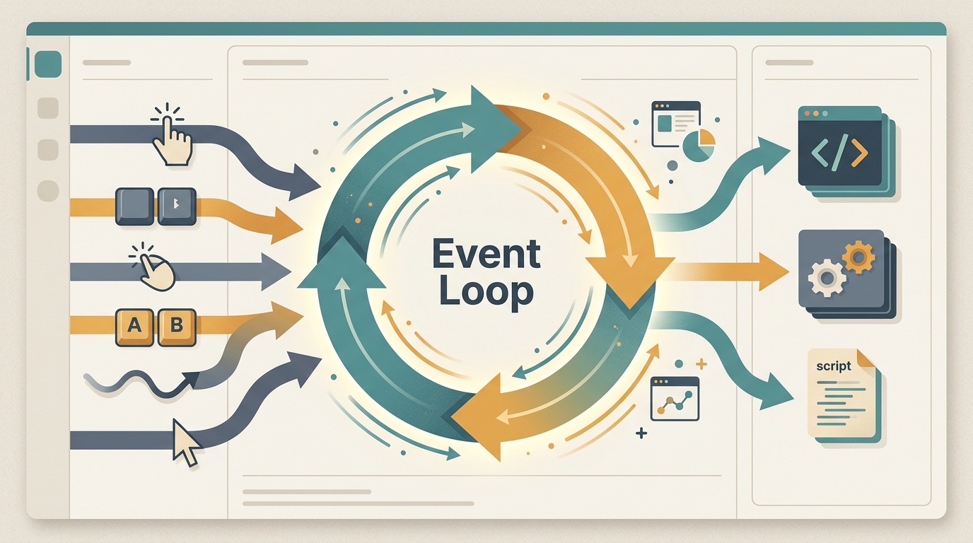 Representation of the event loop as a continuous cycle that listens and responds to events.