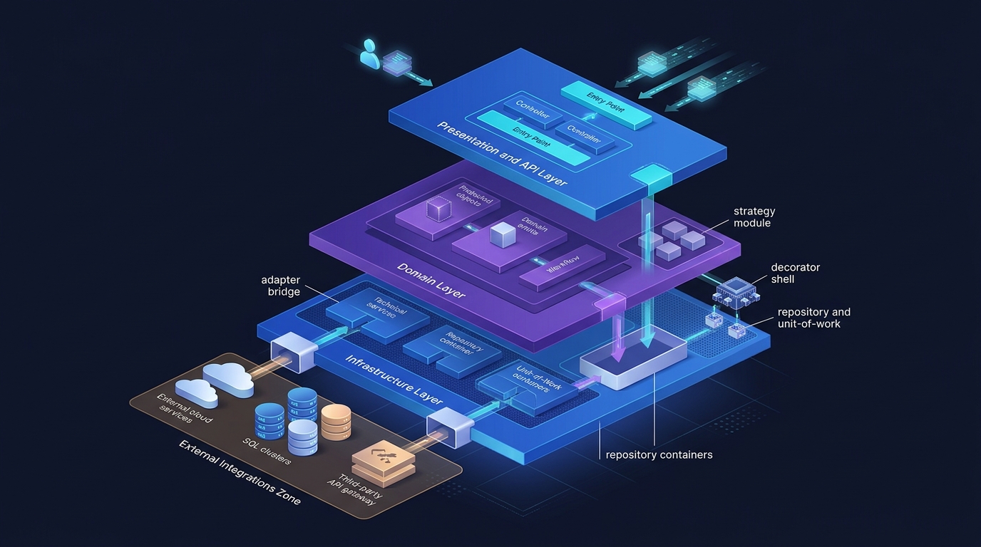 Layered .NET application architecture showing clear boundaries and where each design pattern fits.