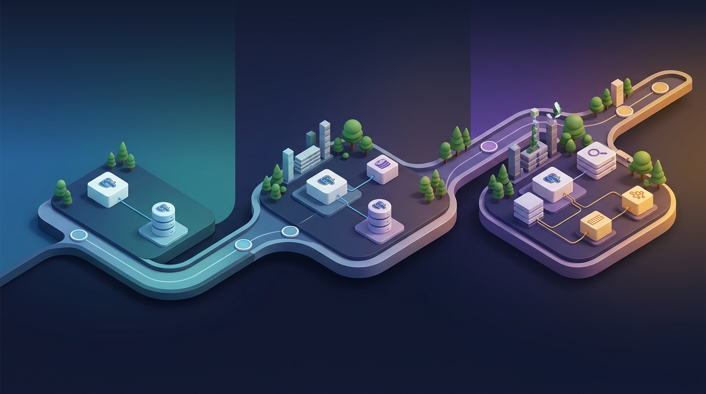 ilustrar a ideia de começar simples e adicionar peças só depois. - Prompt: “Linha do tempo visual mostrando evolução de arquitetura: fase 1 com app + PostgreSQL, fase 2 adicionando Redis, fase 3 adici