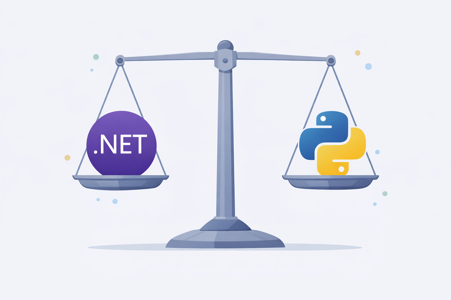 Balanza equilibrada con los logos de .NET y Python, representando una comparación madura entre stacks.