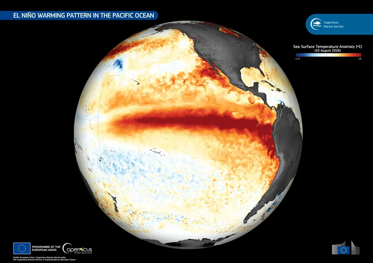 Visualização do Copernicus Marine Service com as anomalias de temperatura da superfície do mar em 25 de agosto de 2026: a faixa de água mais quente, em vermelho, atravessa o Pacífico equatorial central e leste.