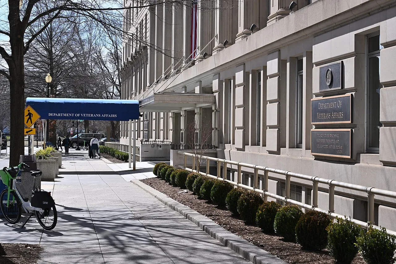 The front of the Veterans Administration Building at 810 Vermont Avenue NW, headquarters of the Department of Veterans Affairs, in Washington in March 2025.