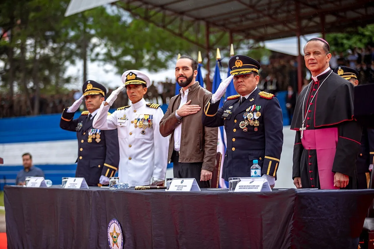 President Nayib Bukele alongside Salvadoran troops at a ceremony in San Salvador in June 2019.