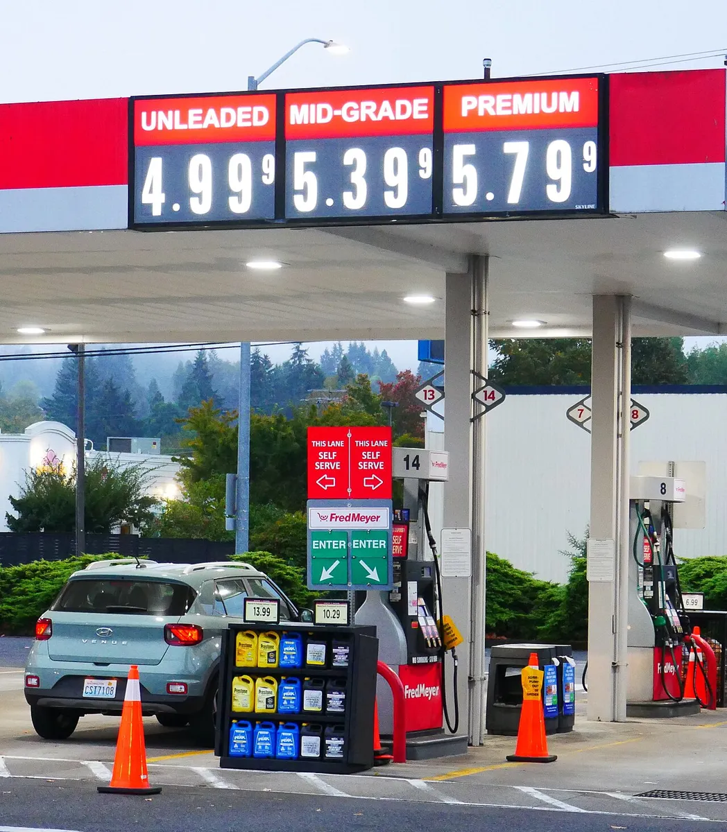 A gas station price board in Eugene, Oregon, photographed on September 26, 2026.