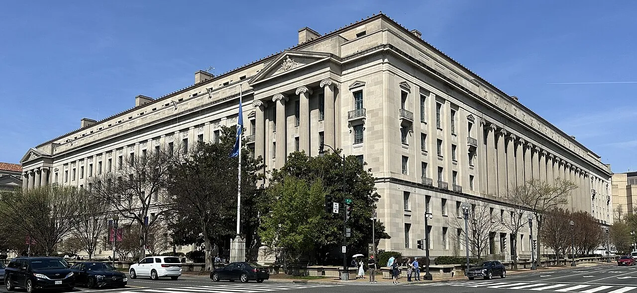 The Robert F. Kennedy Department of Justice Building, the department's headquarters in Washington, D.C., photographed in March 2026.