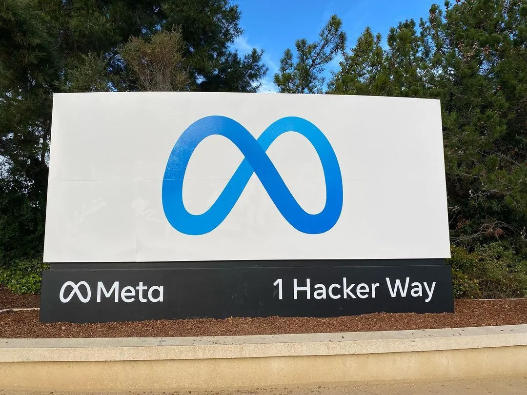 The entrance sign at Meta's headquarters complex in Menlo Park, California, in 2022.
