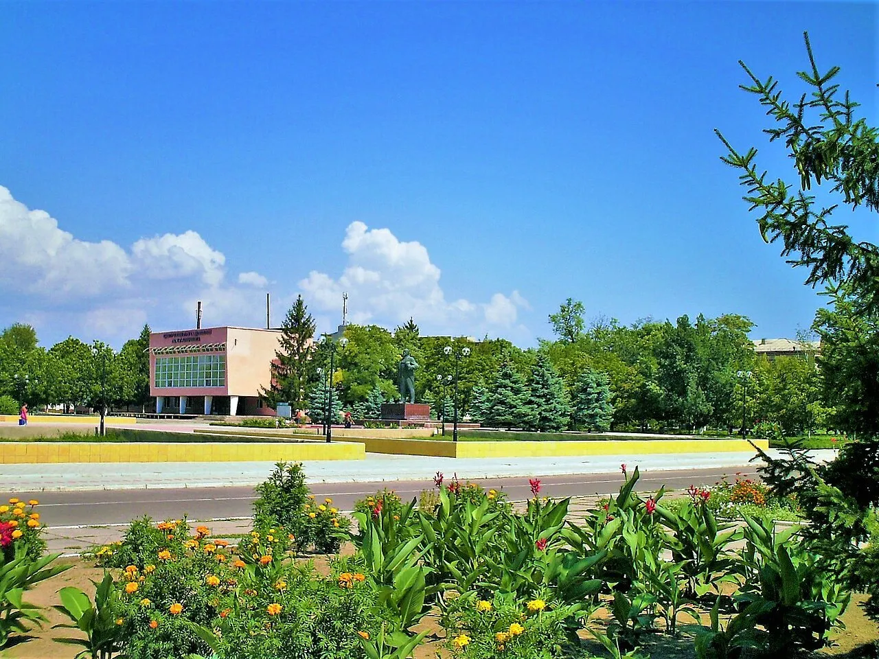 The central square of Oleshky, in Ukraine's Kherson region, in a 2007 archive photograph, before the Russian invasion.